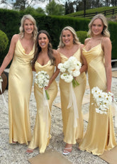 Arlene | Sheath Spaghetti Straps Pleated Pale Yellow Silk Satin Maxi Bridesmaid Dress with Slit and Cowl Neck - Price #price_variant_lowest# - Pale Yellow - PromDressClub